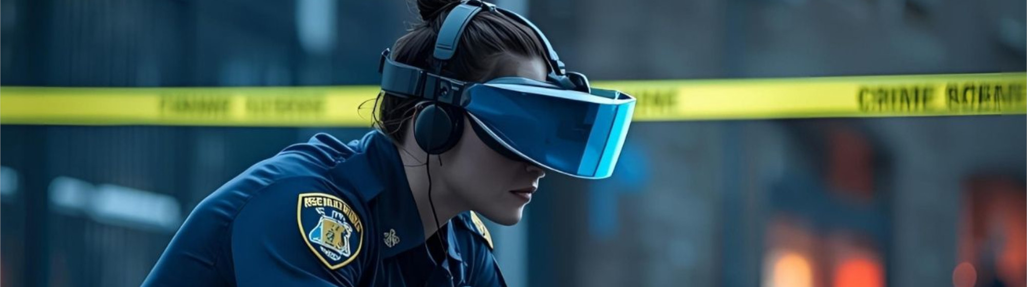 Une agente des forces de l’ordre porte un casque de réalité virtuelle devant un ruban de scène de crime, simulant une intervention ou une analyse en environnement immersif.