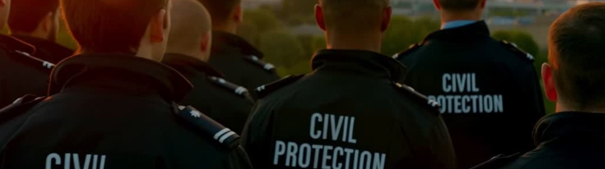 Group of Civil Protection members watching the sunset, with their jackets displaying the "CIVIL PROTECTION" inscription.