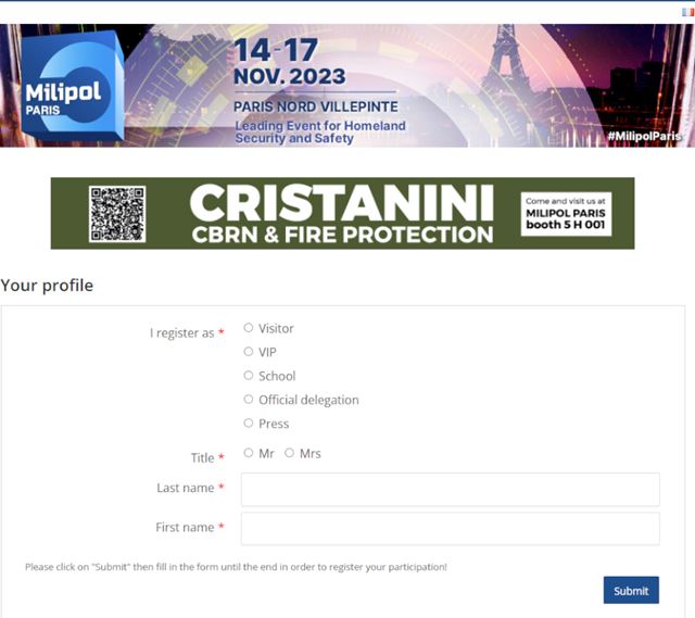 Plateforme d’enregistrement des visiteurs pour Milipol Paris, permettant l’inscription des participants au salon.