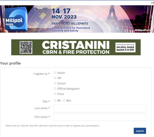 Plateforme d’enregistrement des visiteurs pour Milipol Paris, permettant l’inscription des participants au salon.