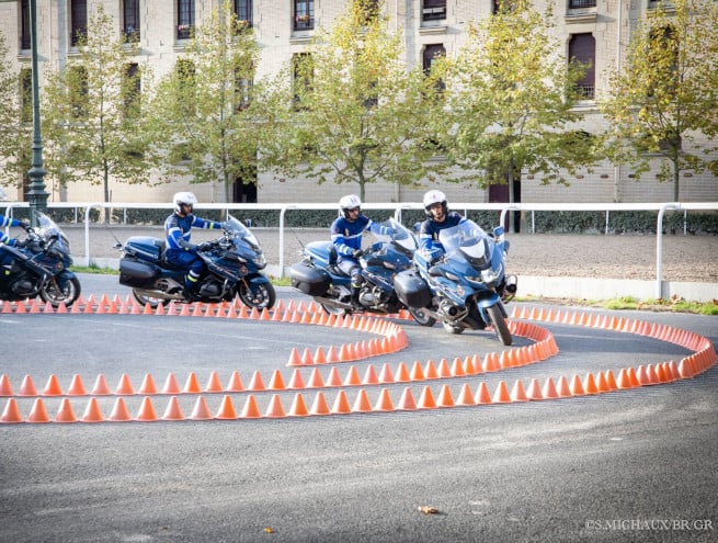 Several French National Guard motorcyclists during a training exercise
